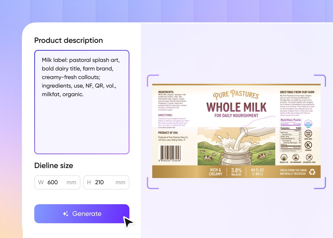 Packify AI Milk Label Generator | Design Milk Labels Free