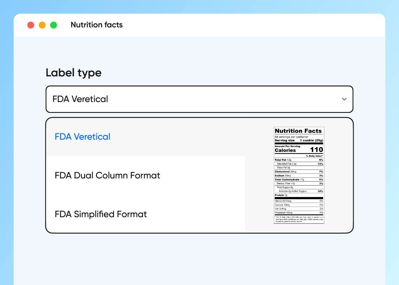 Step 1: Choose your nutrition label format