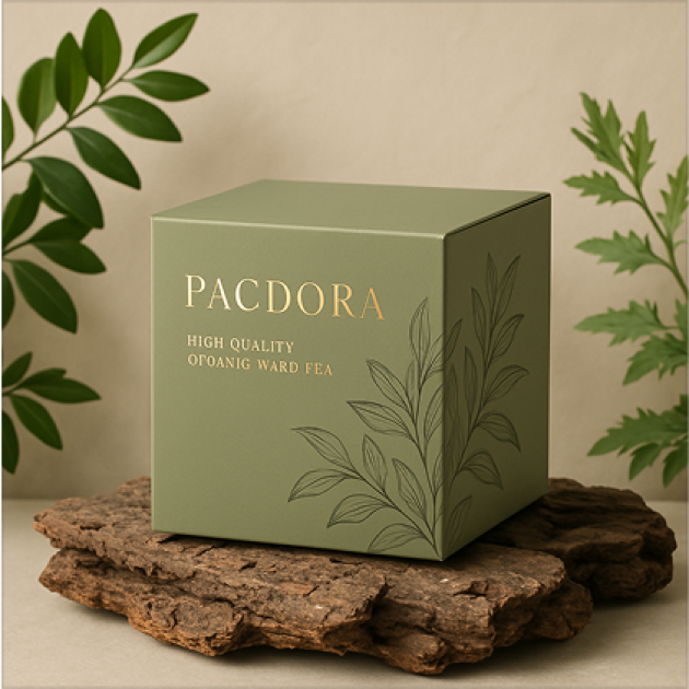 Caja cuadrada de té con letras doradas y diseño de hojas.