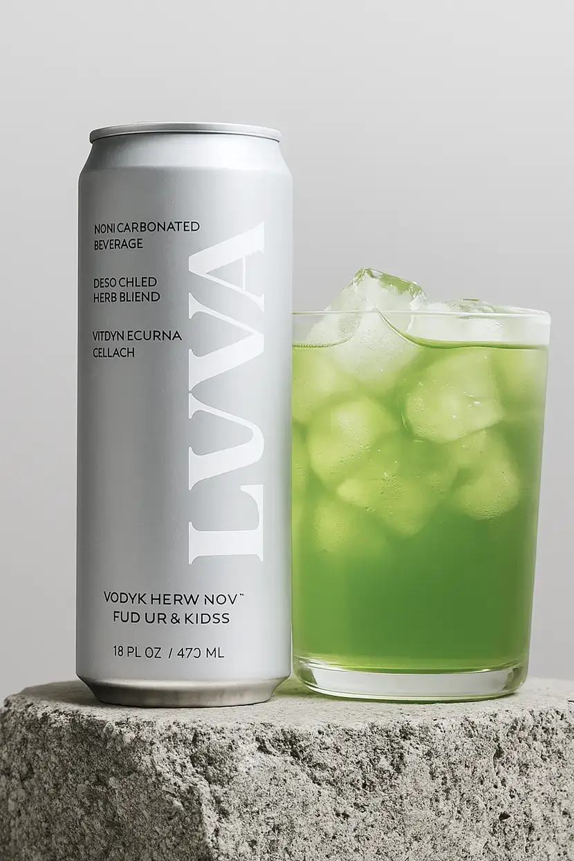 Un bote de aluminio plateado mate alto con diseño minimalista, de pie sobre piedra gris rugosa junto a un vaso de vidrio transparente lleno de una bebida verde helada. El bote presenta texto moderno en mayúsculas negras en el lado izquierdo: "BEBIDA CARBONATADA NONI", "MEZCLA DE HIERBAS DESO CHLED", "VITDYN ECURNA CELLACH". Verticalmente en el centro, un texto grande en serif blanca que dice "LUVA". En la parte inferior, texto negro más pequeño que dice: "VODYK HERW NOV™ · FUD UR & KIDSS · 18 FL OZ / 479 ML". La luz natural suave desde la esquina superior izquierda crea sombras y reflejos suaves. El fondo es gris claro, minimalista y limpio. El estilo general es fresco, editorial y orgánico.