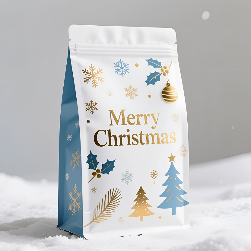 A Christmas stand-up tote bag sits on a snowy backdrop, featuring a clean white and light blue color scheme accented with gold foil. The bag is decorated with simple holiday elements such as Christmas trees, holly leaves, snowflakes, and ornaments. The words "Merry Christmas" are prominently displayed in shimmering gold lettering. Soft, natural lighting creates a wintery atmosphere, showcasing a minimalist, modern holiday aesthetic.