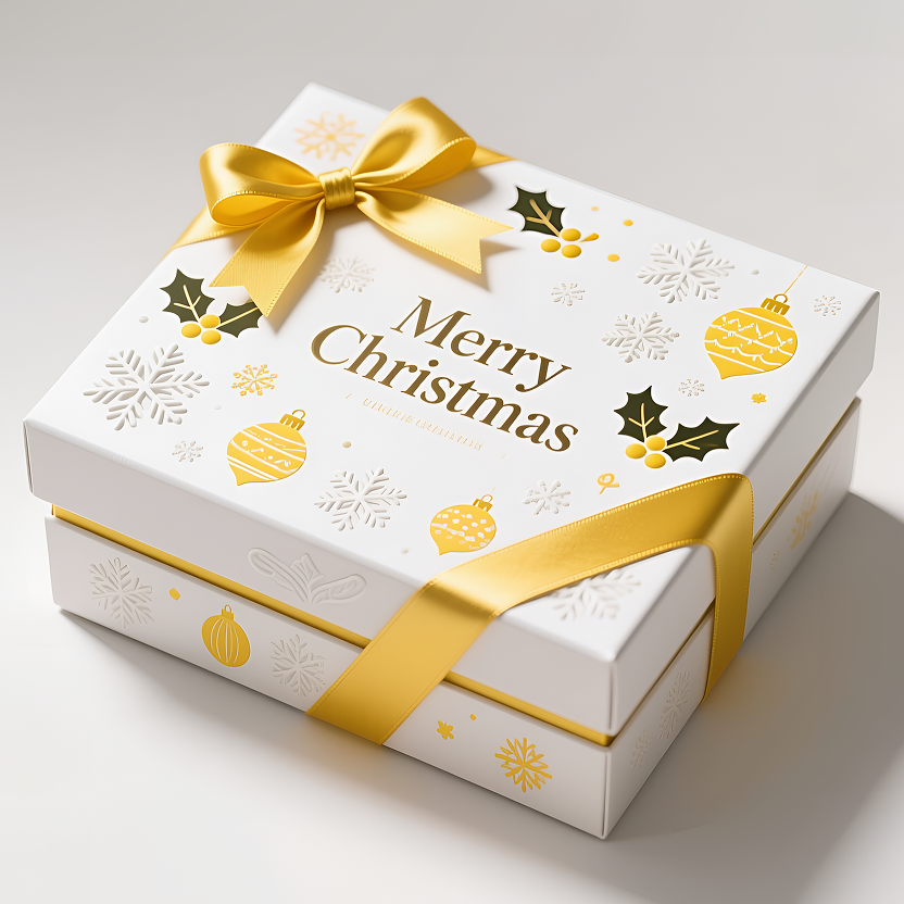 A beautifully packaged Christmas gift box sits against a backdrop of clean, soft lighting. The box is elegantly white, adorned with gold snowflakes, holly leaves, and Christmas ornaments. The words "Merry Christmas" are printed in stylish serif lettering at the center of the box. A luxurious gold ribbon encircles the box, tied at the top with a delicate bow. The bright, warm lighting creates an elegant yet simple festive atmosphere.