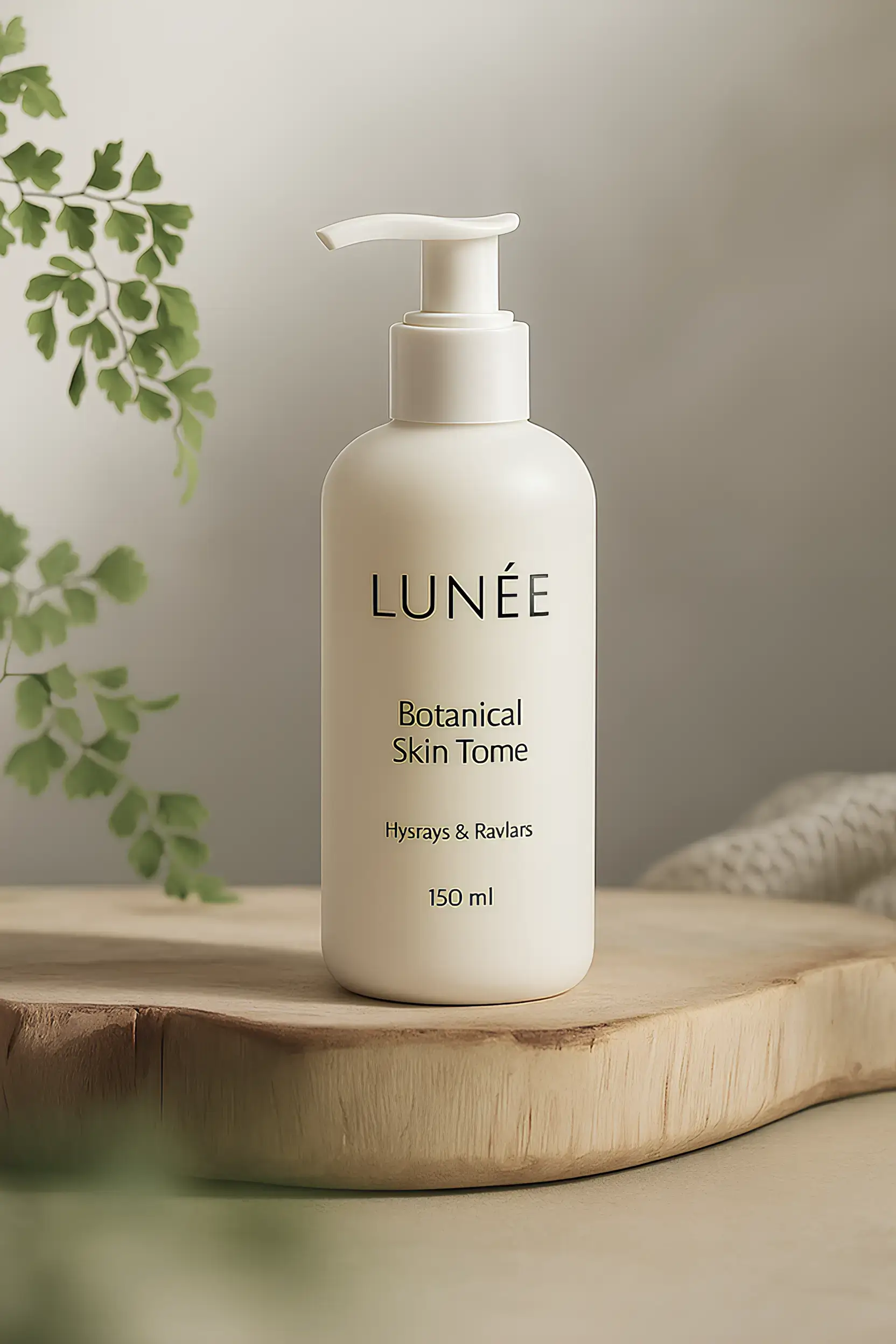 Un frasco dosificador de plástico blanco minimalista con acabado mate, etiquetado con las letras mayúsculas serif “LUNÉE” en negro, centrado en la parte superior. Debajo, un texto en verde oliva dice “Botanical Skin Tome”, seguido de “Hysrays & Ravlars” en una fuente más pequeña y “150 ml” en la parte inferior. El frasco es vertical y está sobre una losa de madera pálida, de forma irregular. En el fondo, la luz solar suave se difunde por una superficie beige cálida con poca profundidad de campo. A la izquierda, aparecen desenfocados hojas de helecho verdes. El estilo general es limpio, natural y tranquilo, con luz suave y sombras delicadas, evocando un ambiente de spa o cuidado de la piel botánico.