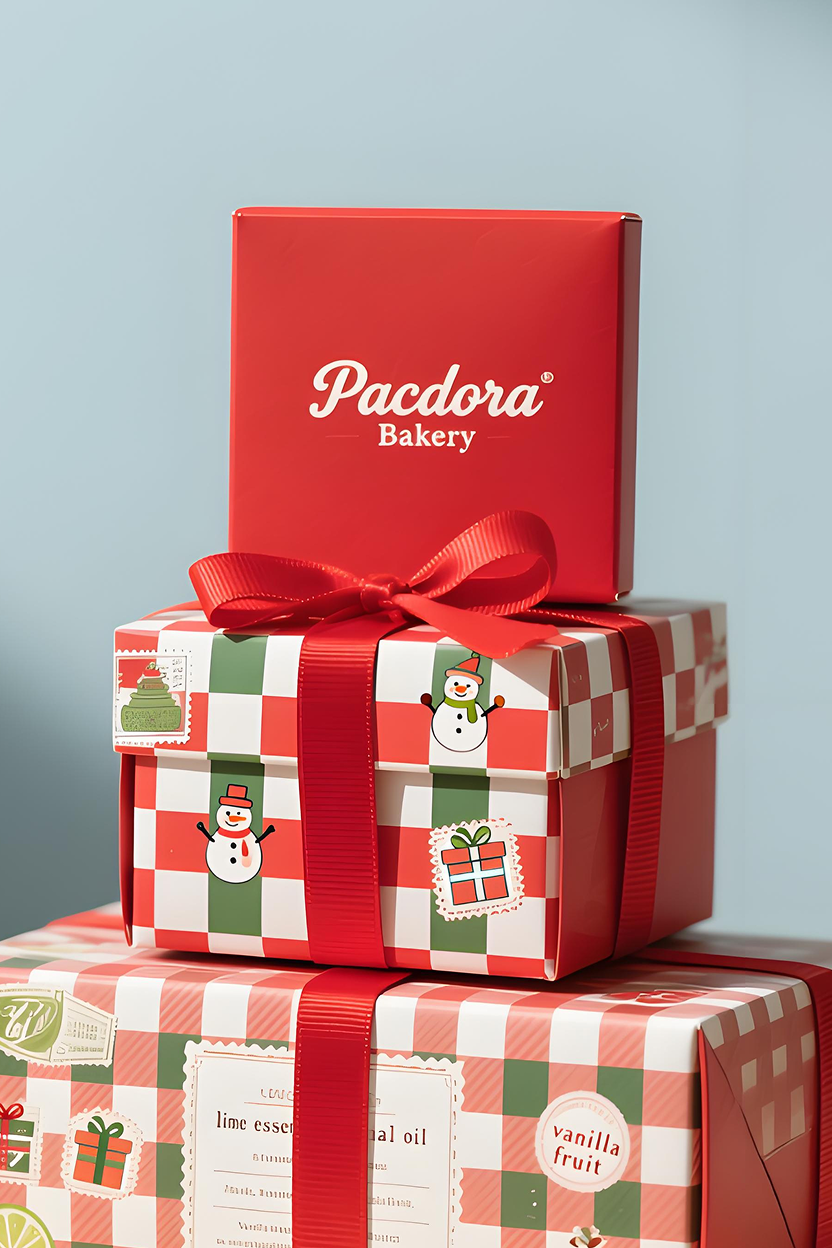 Christmas product photography featuring a stack of red and white holiday bakery gift boxes.The boxes are designed in two complementary styles — solid red boxes with handwritten-style white logo text “pacdora bakery” and patterned boxes with red, green, and white checkered prints resembling festive wrapping paper. The patterned boxes include small Christmas stamp-style illustrations of snowmen, gifts, and holiday motifs, along with text and detailed ingredient lists featuring words like “lime essential oil” “vanilla fruit”. Each box is tied with bright red satin ribbons, adding a handcrafted and festive touch. The setup is arranged in a balanced, upward-leaning stack against a soft light-blue background, illuminated by warm, even lighting that highlights textures and colors.