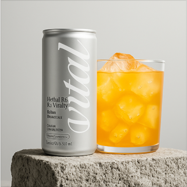 Lata plateada de bebida junto a un vaso de jugo de naranja con hielo.