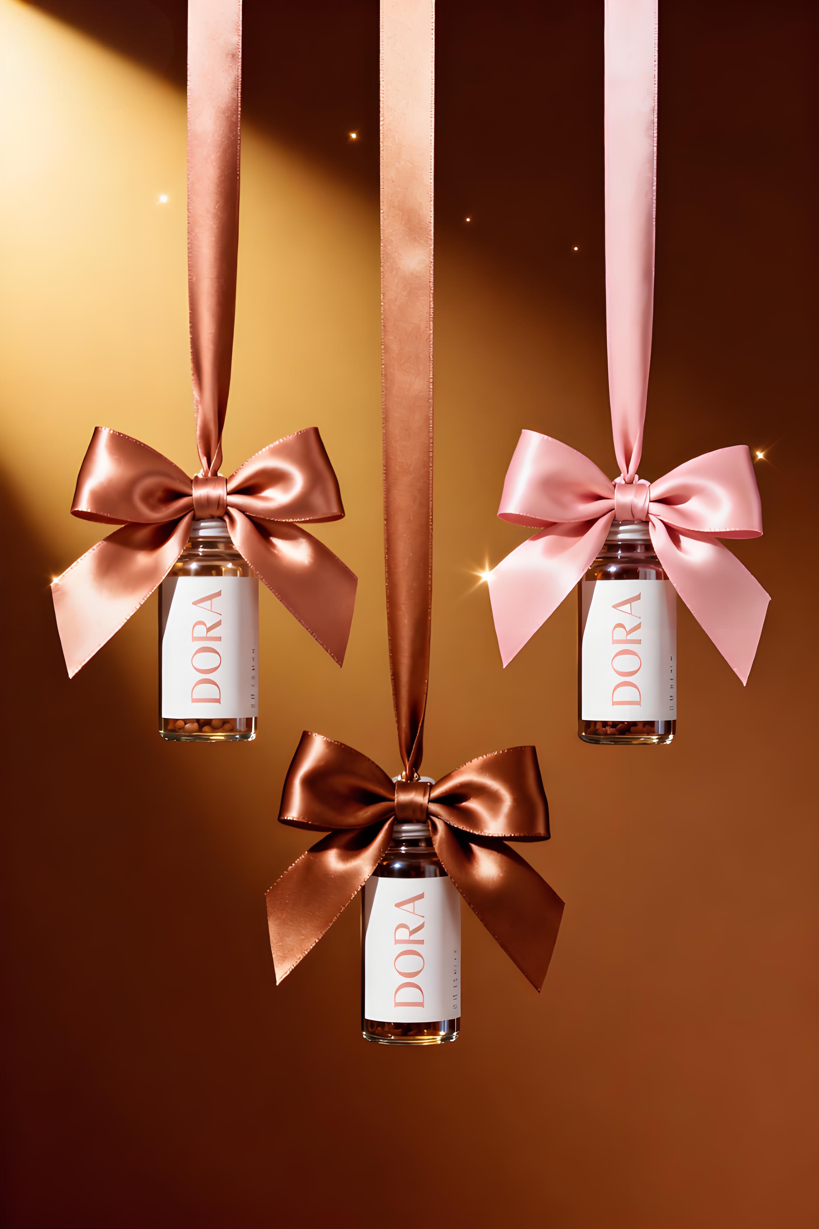 Elegant Christmas-themed product display featuring three cosmetic supplement bottles suspended by satin ribbons in shades of rose gold, blush pink, and bronze, each tied with a large, glossy bow. The bottles are labeled “DORA” with minimalist typography in soft neutral tones, arranged symmetrically against a rich gradient brown background that transitions from dark amber to warm gold. Lighting is soft yet focused from the upper left, creating smooth highlights on the ribbons and subtle reflections on the glass bottles, enhancing their premium texture. The composition exudes sophistication, holiday charm, and modern luxury, conveying an elegant festive promotion.