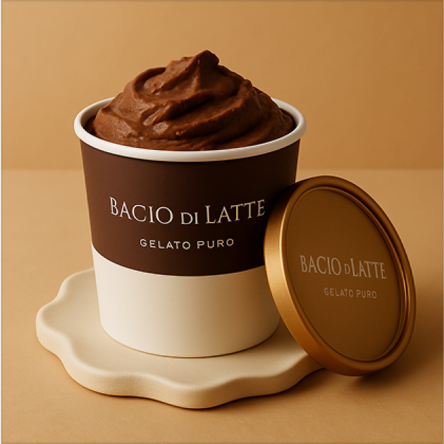 Taza de helado de chocolate con tapa, en un plato pequeño.