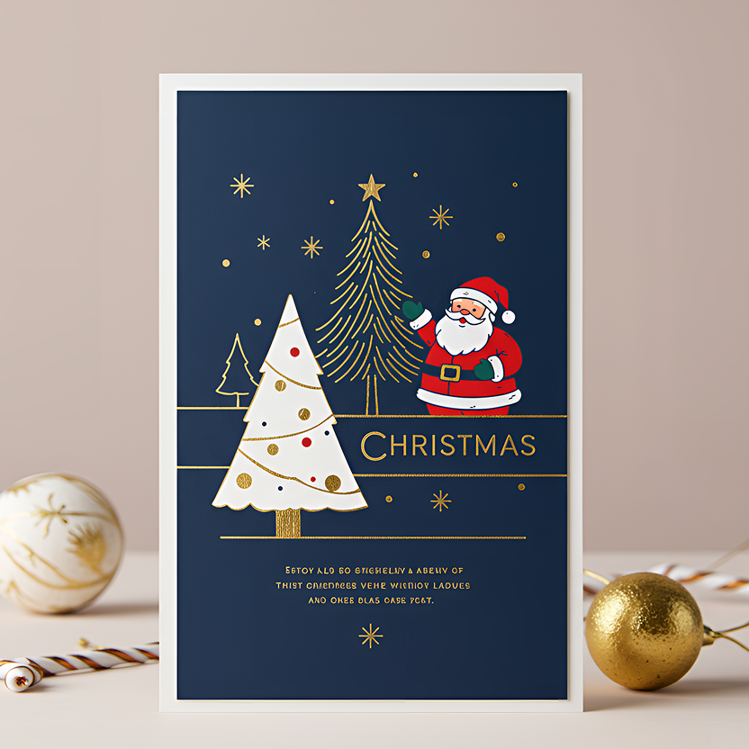A beautifully designed Christmas card is printed on a light beige card. The card has a deep navy blue background, adorned with elegant gold lines and festive elements. A smiling Santa Claus stands beside a stylized Christmas tree decorated with gold and red ornaments. The word "CHRISTMAS" is presented in delicate gold lettering, surrounded by stars and snowflakes. The overall style is simple, modern, and full of festive atmosphere, complemented by warm, soft lighting.