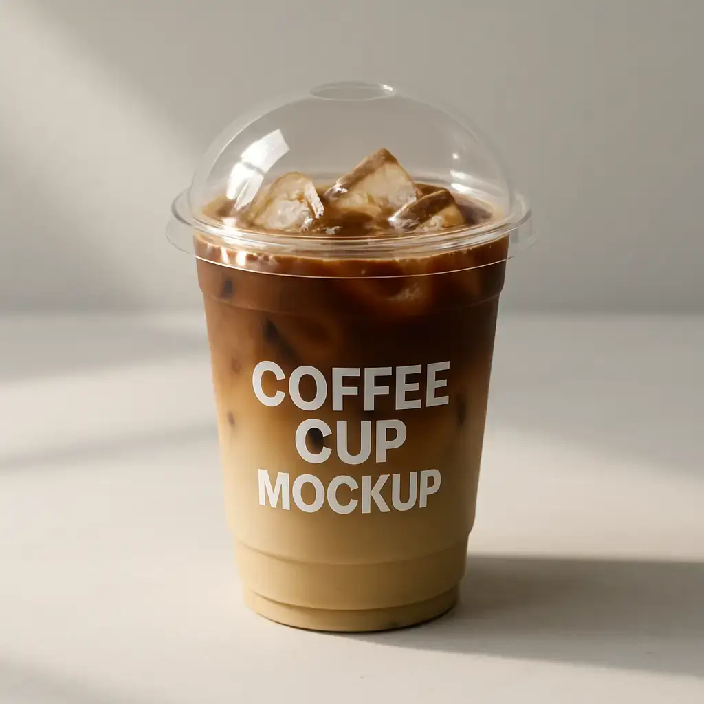 Un vaso transparente de plástico para café helado con tapa tipo cúpula, lleno de latte helado. La bebida presenta un fuerte degradado de color, desde café marrón oscuro en la parte superior hasta leche beige cremosa en la parte inferior. Cubos de hielo transparentes son visibles en la parte superior, debajo de la tapa cúpula. En el frente del vaso, texto blanco en negrita sans-serif está alineado al centro y apilado en tres líneas: "COFFEE" arriba, "CUP" en el medio y "MAQUETA" abajo. El vaso está colocado sobre una superficie suave de color gris claro con luz solar proveniente de la esquina superior izquierda, proyectando una sombra suave hacia la derecha. El fondo es liso y de color gris neutro, con degradados sutiles e iluminación natural. Foto de producto estilo editorial limpia y minimalista.
