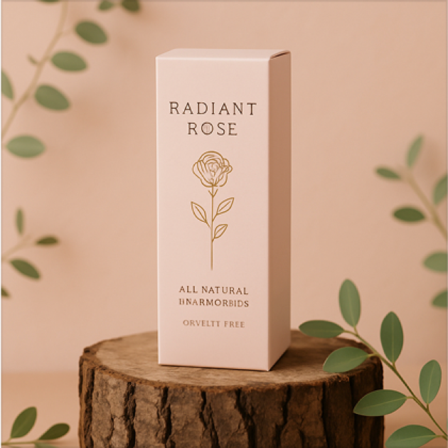 Caja de producto Radiant Rose con diseño de rosas doradas.