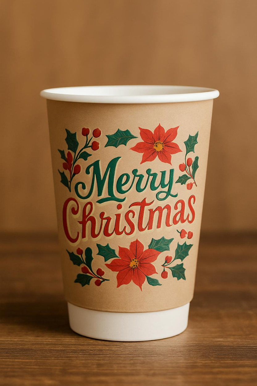 This chic holiday paper coffee mug features a striking "Merry Christmas" message in an elegant vintage font, accented with teal and red hues and decorated with holly and poinsettia floral patterns.