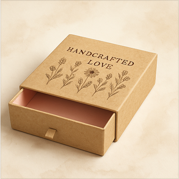 Caja de kraft abierta con diseño floral y texto "Amor Artesanal".