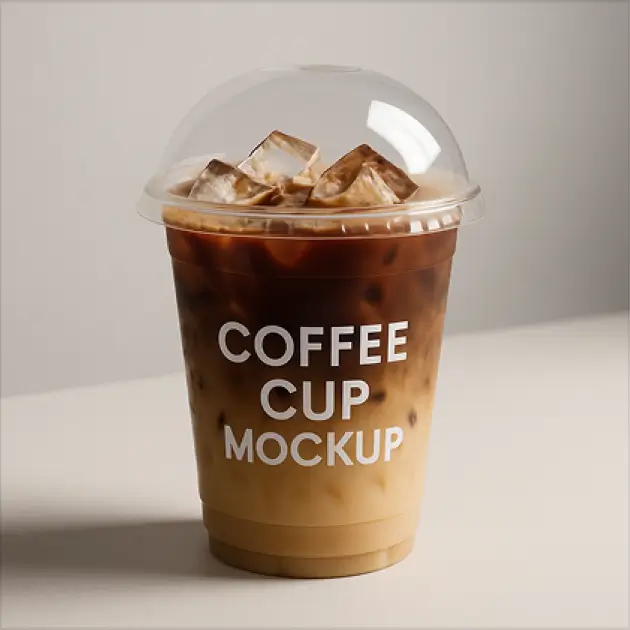 Café helado en un vaso de plástico transparente con tapa en forma de cúpula.