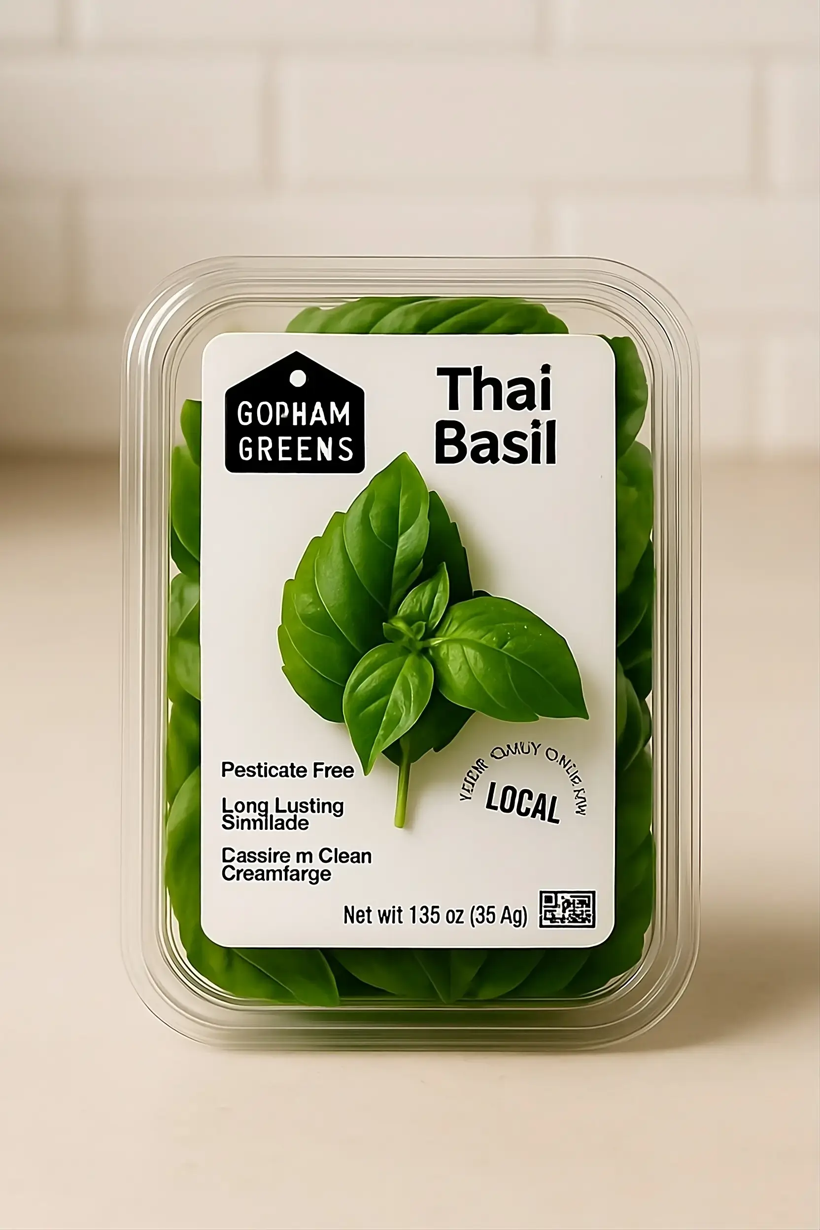 Un envase transparente tipo concha de plástico lleno de hojas frescas de albahaca tailandesa. En el frente, tiene una etiqueta blanca rectangular con esquinas redondeadas. En la esquina superior izquierda, un logo negro en forma de etiqueta dice “GOPHAM GREENS” en letras mayúsculas blancas. A la derecha, texto negro en negrita dice “Thai Basil”. Una ramita de albahaca sobresale en el centro de la etiqueta. Debajo, texto negro dice: “Libre de pesticidas”, “Larga durabilidad Sinnilade”, “Cassire m Crema Limpia”. En la parte inferior derecha, un sello circular dice “LOCAL” con texto gris distorsionado alrededor. En la última línea: “Peso neto 1.35 oz (35 Ag)” en negro. El fondo es una encimera de cocina beige claro con azulejos blancos tipo metro, iluminada suavemente desde la izquierda. Las sombras son suaves y naturales. Imagen limpia, estilo editorial.