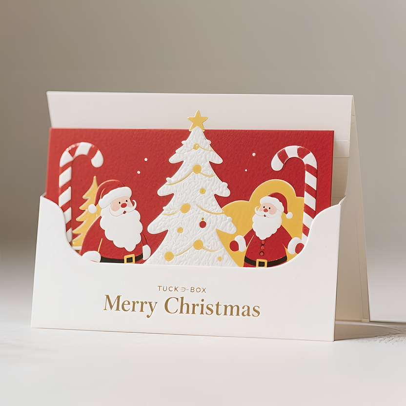 A cute and festive Christmas card sits on a clean table, bathed in soft light. The card is white with the words "Merry Christmas" in gold standing out. Inside the front pocket is a bright red card printed with a cheerful Santa Claus, a white Christmas tree with gold lettering, candy canes, and stars. The embossed texture of the card adds a touch of sophisticated elegance to the holiday atmosphere. The warm, soft lighting creates a cozy Christmas ambiance.