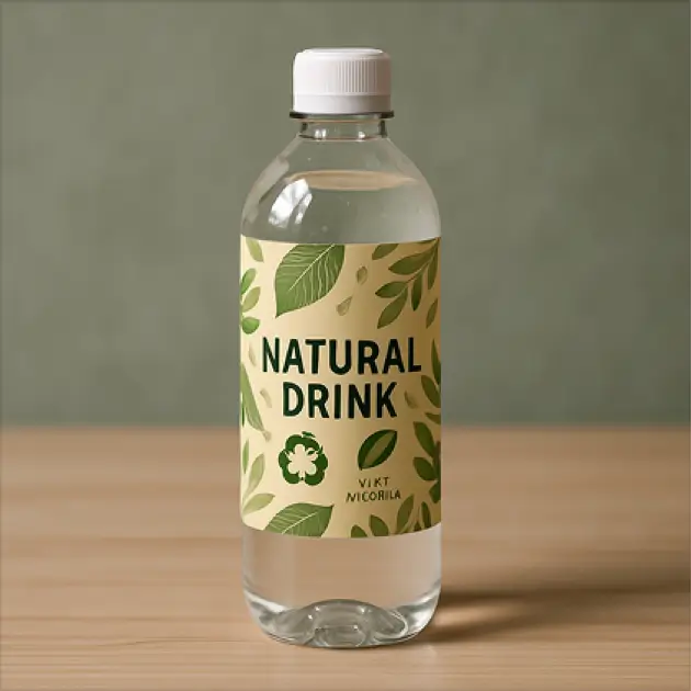 Botella de plástico de agua con etiqueta de hoja verde.