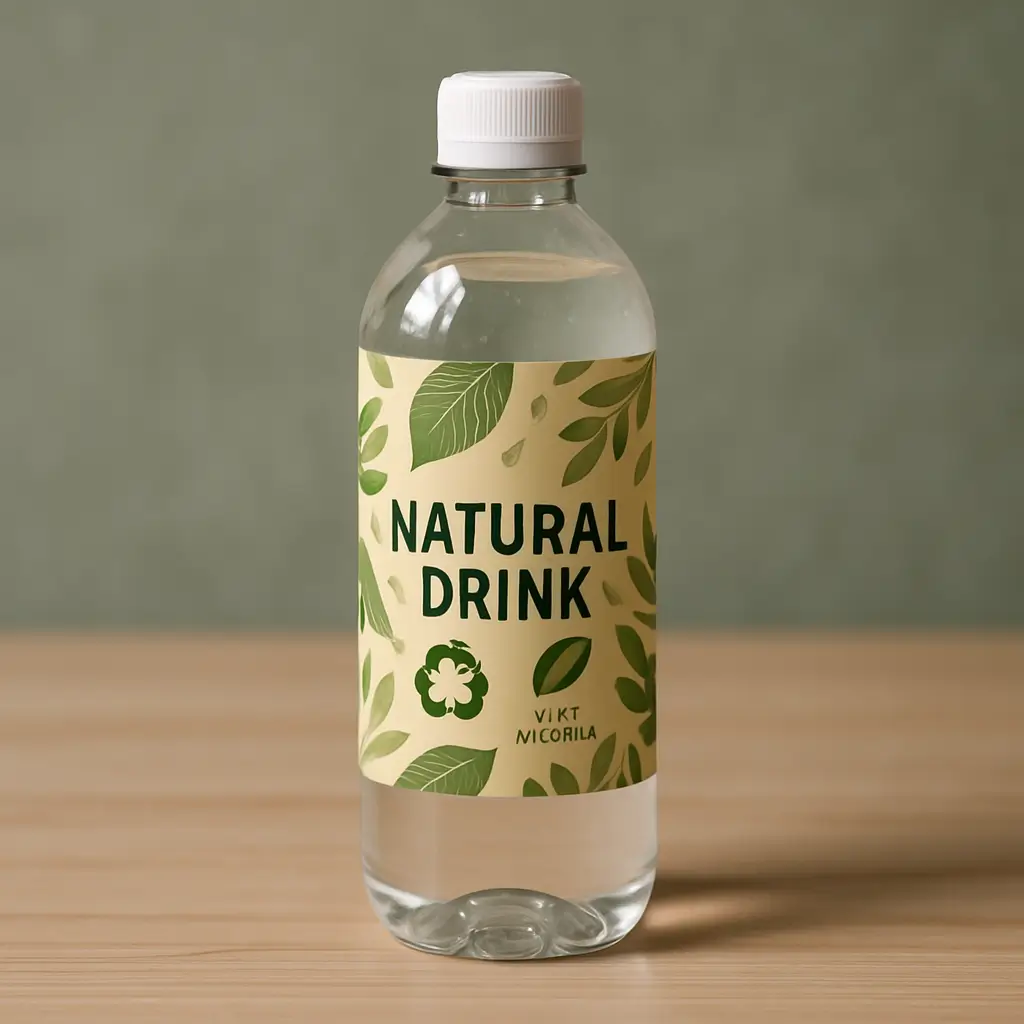 Botella de bebida con colores verdes y terrenales, patrones de hojas e iconos ecológicos para un aspecto limpio y natural.