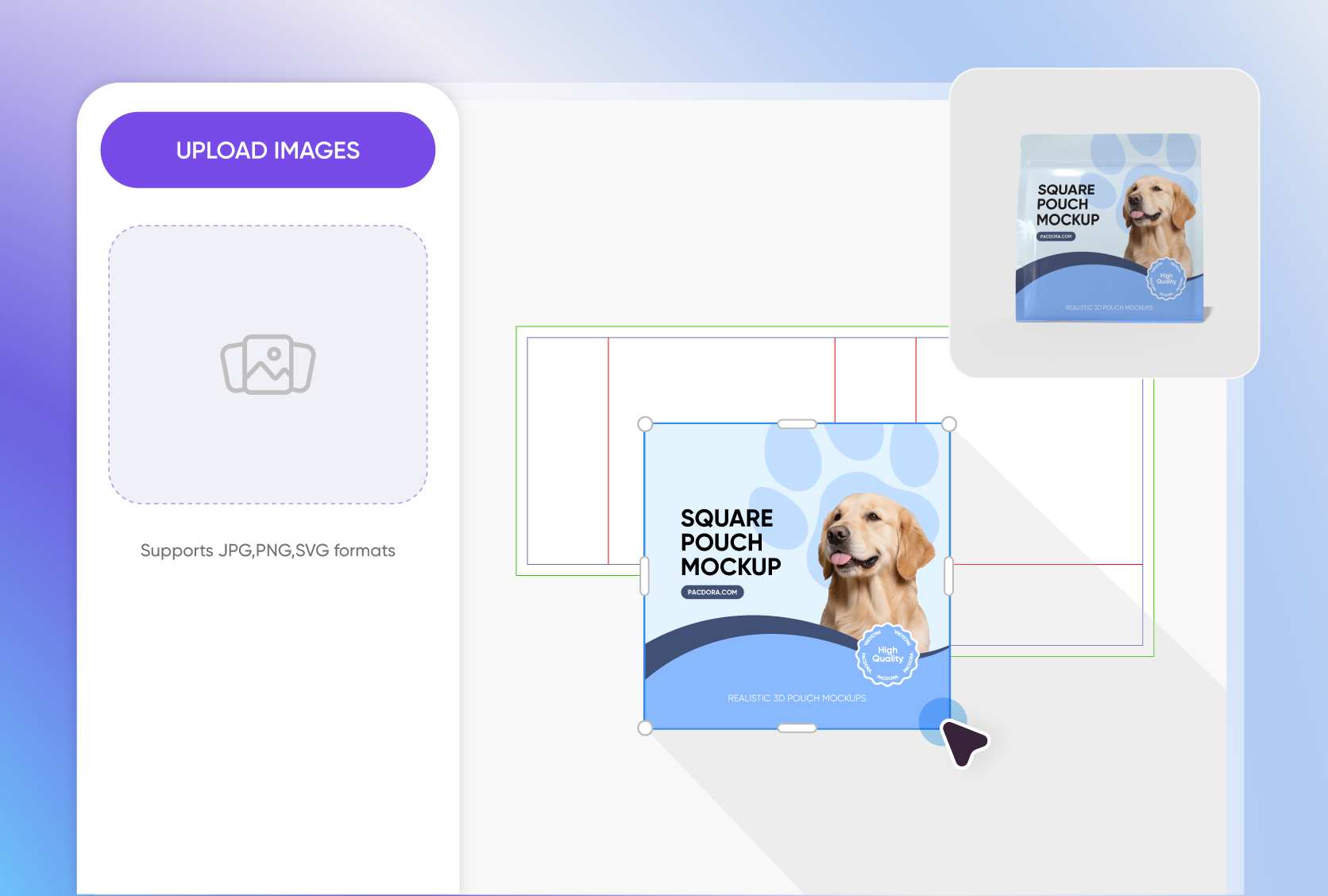 Upload compelling designs for custom pouches
