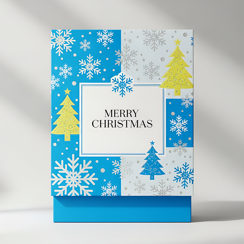 This modern and elegant Christmas gift box design is presented from the front. The box features a bright blue, white, and light gray color scheme, adorned with yellow and blue snowflakes and Christmas tree geometric patterns. A simple white square label in the center reads "Merry Christmas" in classic serif font. The overall aesthetic is festive, simple yet modern, with a balanced composition and subtle light and shadow effects against a neutral background.