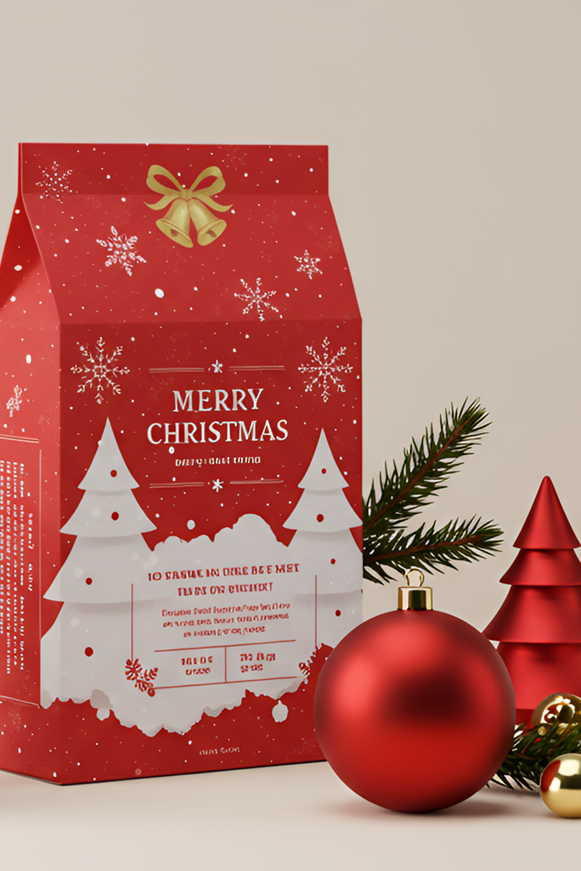 The festive Christmas-themed packaging design was photographed in a minimalist studio with warm, soft lighting. The red box is adorned with white Christmas trees, snowflake patterns, and elegant white lettering that reads "Merry Christmas." Gold bows and delicate snowflakes add further embellishment. The box is surrounded by Christmas decorations, including glittering red balls, red cone-shaped trees, and green pine branches, all set against a beige background. The overall style is warm, elegant, and sophisticated, with a balanced composition.