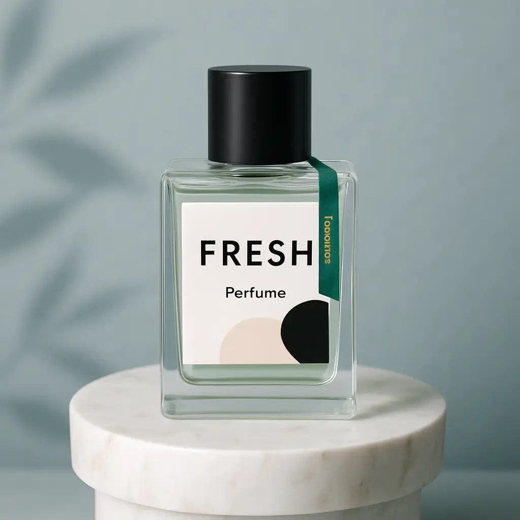 Frasco cuadrado de vidrio transparente para perfume, líquido verde pálido. Etiqueta blanca minimalista: "FRESH" negro prominente (vegano), "Perfume" más pequeño, formas abstractas negras/beige suave. Etiqueta lateral color teal, texto dorado vertical. Centrado sobre un pedestal redondo de mármol blanco. Fondo azul grisáceo apagado, suaves sombras abstractas de hojas. Luz suave y difusa resalta el vidrio, la etiqueta, el mármol. Estética moderna, limpia y elegante para fragancia de alta gama; muestra pureza y sofisticación.
