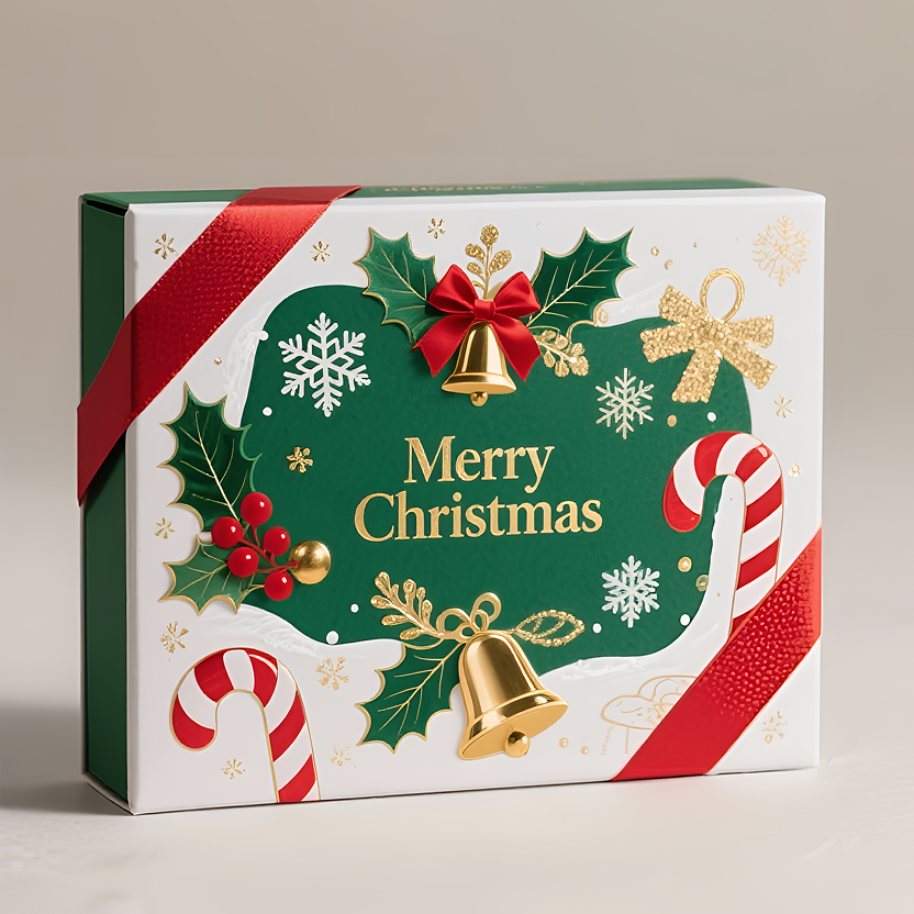 An exquisite Christmas gift box with an elegant light beige background. The box features a white base with a green central panel adorned with holly leaves, red berries, candy canes, snowflakes, and gold elements such as bells and ribbons, creating a rich festive atmosphere. The words "Merry Christmas" are presented in elegant gold serif font at the center. A bright red ribbon wraps diagonally around the box, adding a touch of luxury. Soft, warm lighting accentuates the box's texture, creating a warm and sophisticated holiday ambiance.