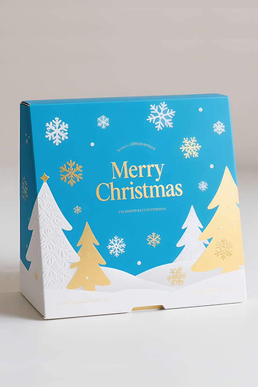 This premium Christmas gift box design was photographed in a clean studio, where soft lighting and minimal shadows created a warm and inviting atmosphere. The upper half of the box is blue, adorned with gold and white snowflake patterns, while the lower half features a white and gold Christmas tree. The elegant gold "Merry Christmas" lettering is printed in the center of the box. The overall packaging is both festive and sophisticated, perfectly blending modern minimalism with a warm holiday spirit. The neutral beige or light gray background further accentuates the bright and cheerful colors of the gift box.