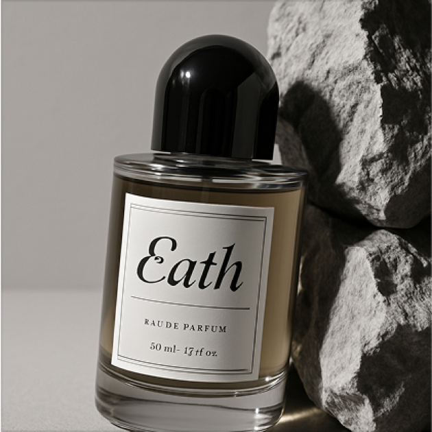 Botella de perfume Eath sobre rocas.