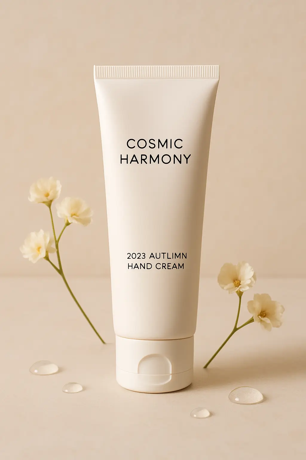 Crema de manos "Cosmic Harmony", producto "Crema de Manos de Otoño 2025". Diseño simple y elegante; tubo blanco suave. Elegantemente dispuesto sobre una superficie lisa de color claro con gotas de agua y flores delicadas, creando una atmósfera elegante, natural, cálida y cómoda. Pequeño logotipo en la tapa del tubo. La iluminación suave resalta la textura lisa del envase, las líneas simples, mejorando su atractivo lujoso.
