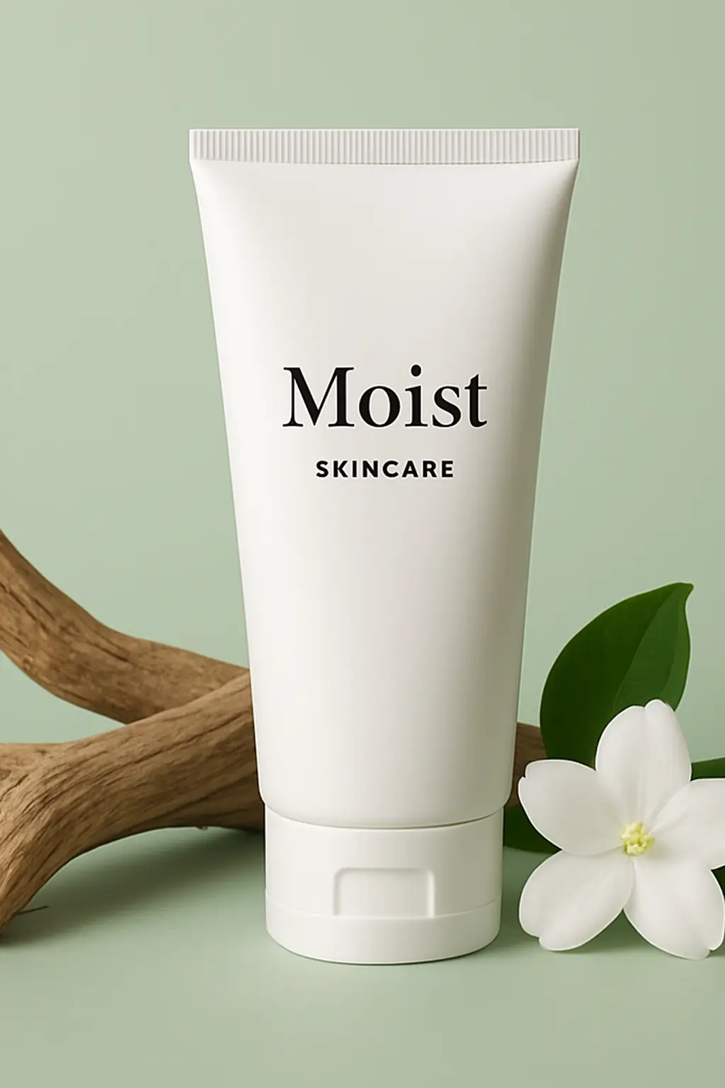Un tubo de cuidado de la piel blanco con el nombre de la marca "Moist" impreso, con dos raíces de madera y una flor de jazmín al lado. El fondo verde claro crea una atmósfera elegante. El estilo de fotografía del producto utiliza iluminación de estudio, tonos suaves y colores naturales para crear un ambiente fresco en estilo estético natural.