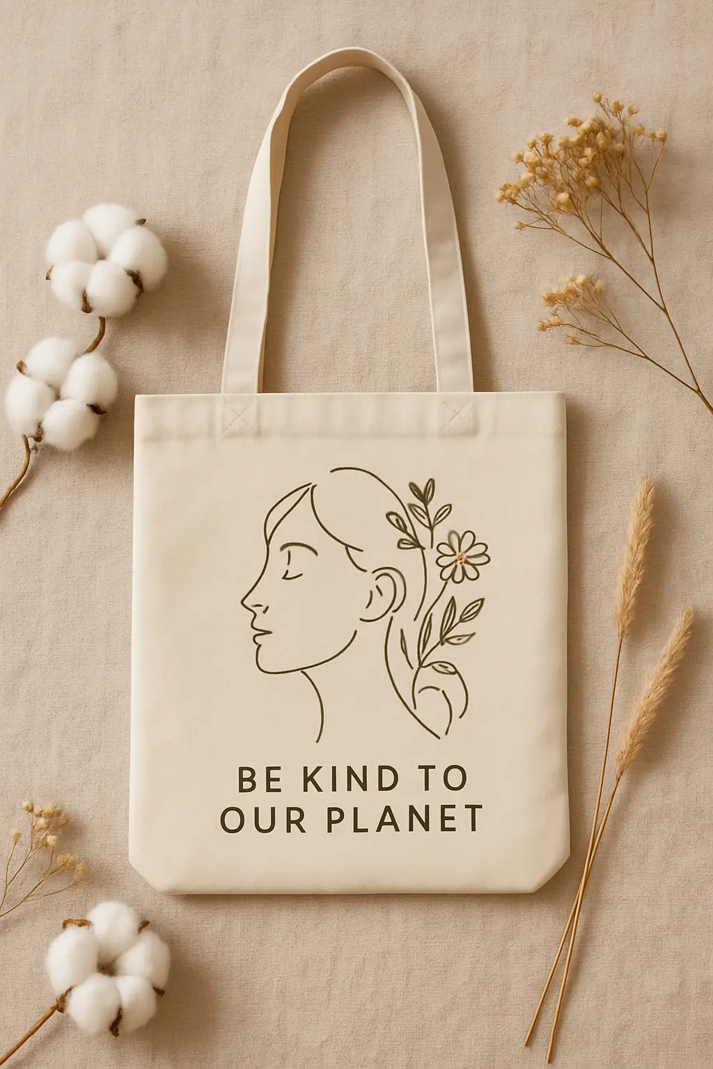 Bolsa de tela beige, con un dibujo sencillo en línea negra del rostro de una mujer, junto al texto "Sé amable con nuestro planeta". Elementos integrados de plantas verdes y flores. Composición plana sobre tela beige suave, con algodón y flores secas dispersas alrededor. Iluminación cálida y natural. Concepto ecológico y sostenible.