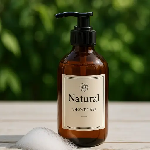 Una botella de vidrio marrón con una bomba negra y las palabras "Gel de ducha natural" en la etiqueta. En el fondo, hay una mesa blanca con hojas verdes a lo lejos. Hay una pequeña cantidad de espuma frente a la mesa.