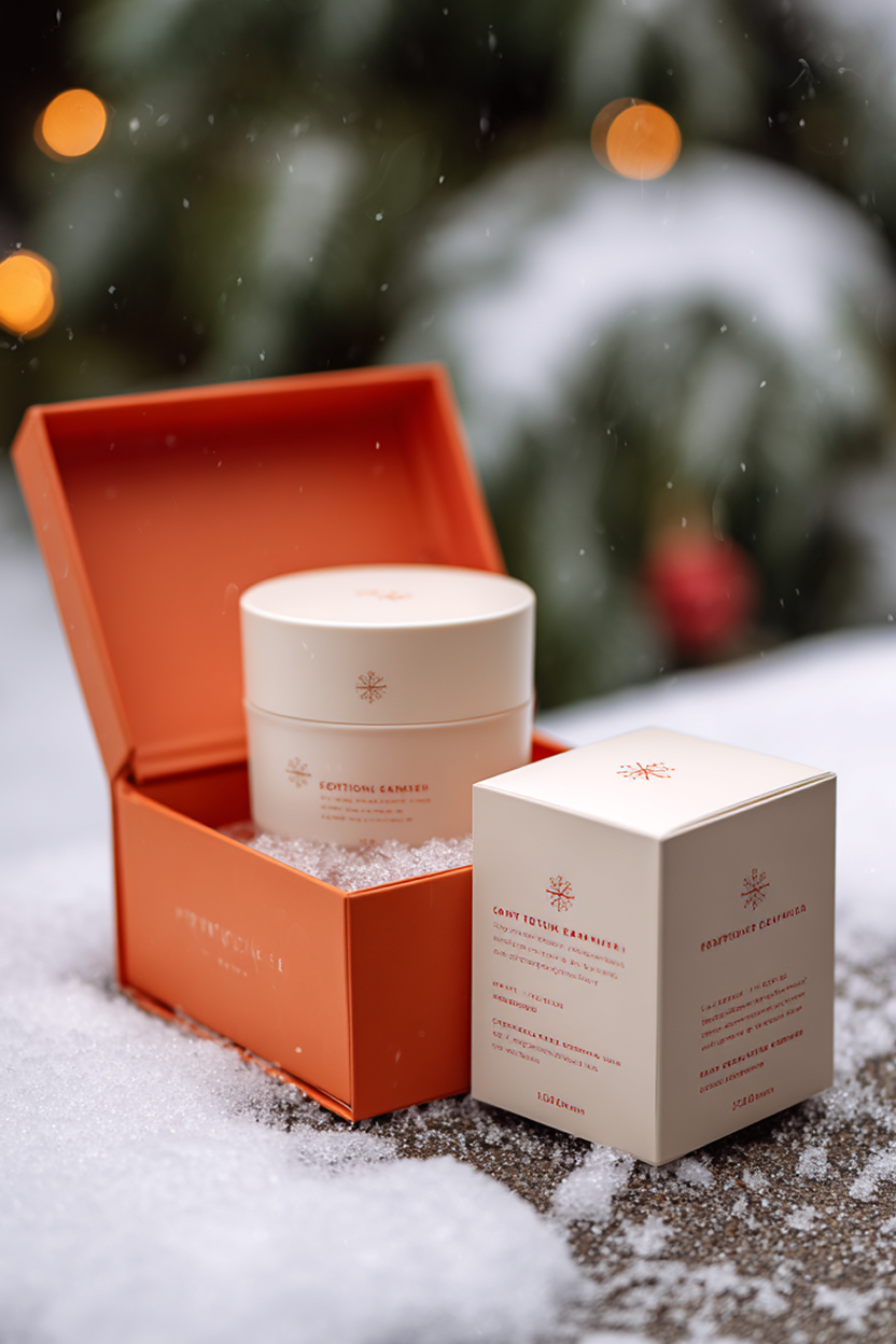 Luxury skincare product promotional photos shot outdoors in winter. Boxes are placed on snow, with open orange outer boxes revealing the products inside. The packaging design is elegant and minimalist, using soft beige and orange as the main colors, paired with delicate lettering. Snowflakes gently fall, creating a warm and festive atmosphere.
