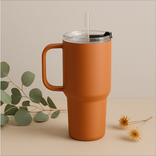 Taza de viaje naranja con tapa y pajilla.