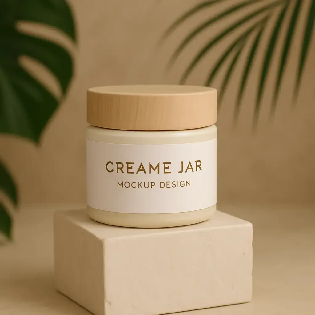 Un tarro de crema minimalista con cuerpo mate color marfil y tapa de rosca con textura lisa de madera clara. El tarro tiene una etiqueta blanca centrada que lo envuelve. En la etiqueta, texto en mayúsculas dorado con tipografía serif dice "TARRO DE CREMA" y texto más pequeño en sans-serif debajo dice "DISEÑO DE MAQUETA". El tarro está colocado sobre un pedestal cúbico de piedra ligera color beige. El fondo es beige cálido con iluminación natural suave desde la izquierda, proyectando sombras realistas. Grandes hojas tropicales (monstera y palmas) están suavemente desenfocadas en el fondo, creando una presentación de producto de cuidado de la piel calmada, botánica y elegante.