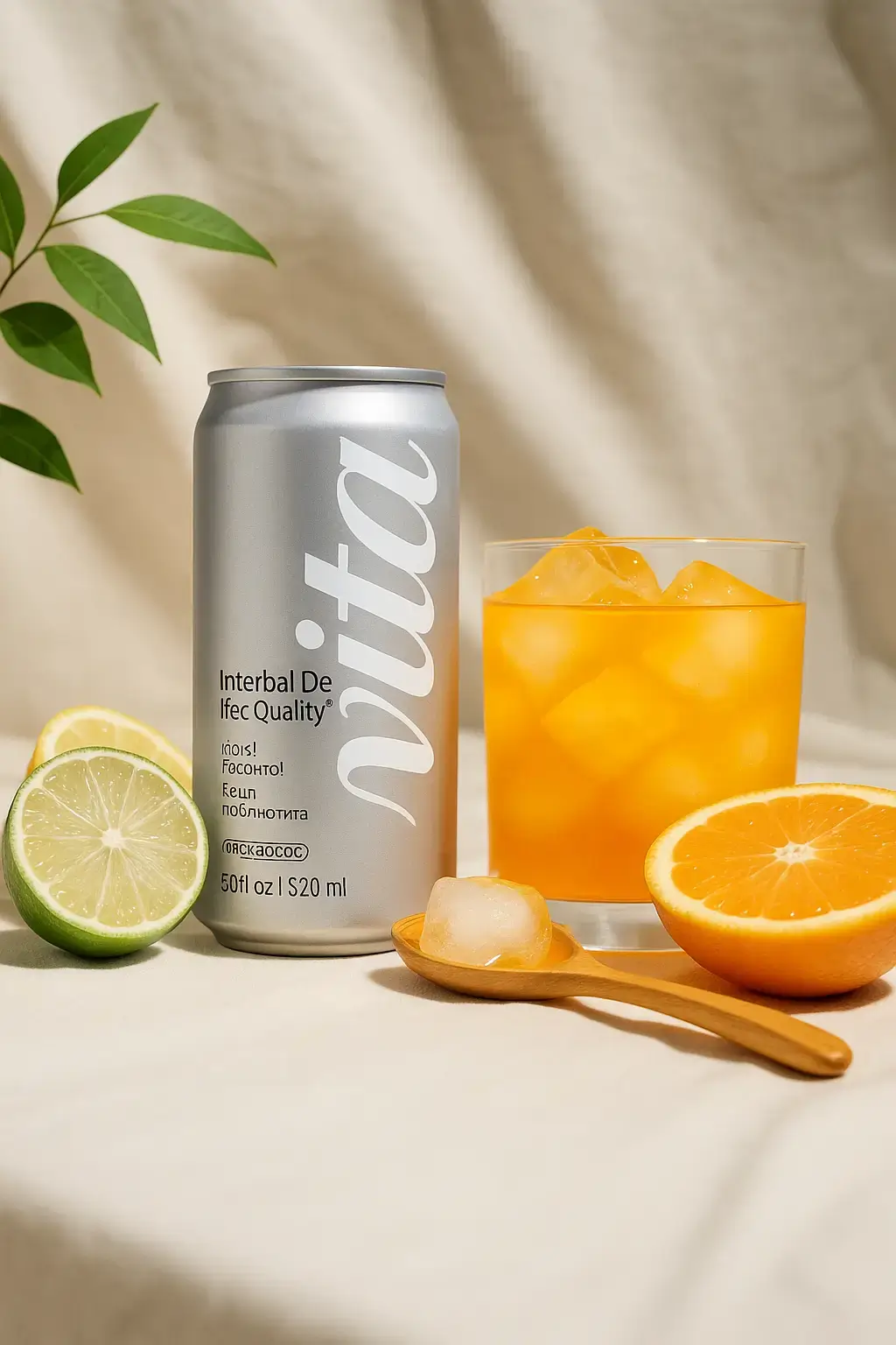 Un bote de aluminio plateado mate con la palabra "vita" en gran guion cursiva blanca colocada verticalmente hacia abajo en el lado derecho. En la izquierda, un texto negro dice: "Interbal De Ifec Quality®" seguido de pequeños caracteres de estilo extranjero y el número "50 fl oz | 520 ml" en la parte inferior. El bote está junto a un vaso de vidrio transparente lleno de jugo de naranja vibrante y cubos de hielo. Una cuchara de madera con un cubo de hielo está al frente. Mitades de naranja y lima recién cortadas están cerca. El fondo es de una tela beige suave con pliegues naturales, iluminada por el sol desde la izquierda, proyectando sombras suaves y reflejos realistas. Estilo editorial limpio, minimalista, fresco y de luz natural.