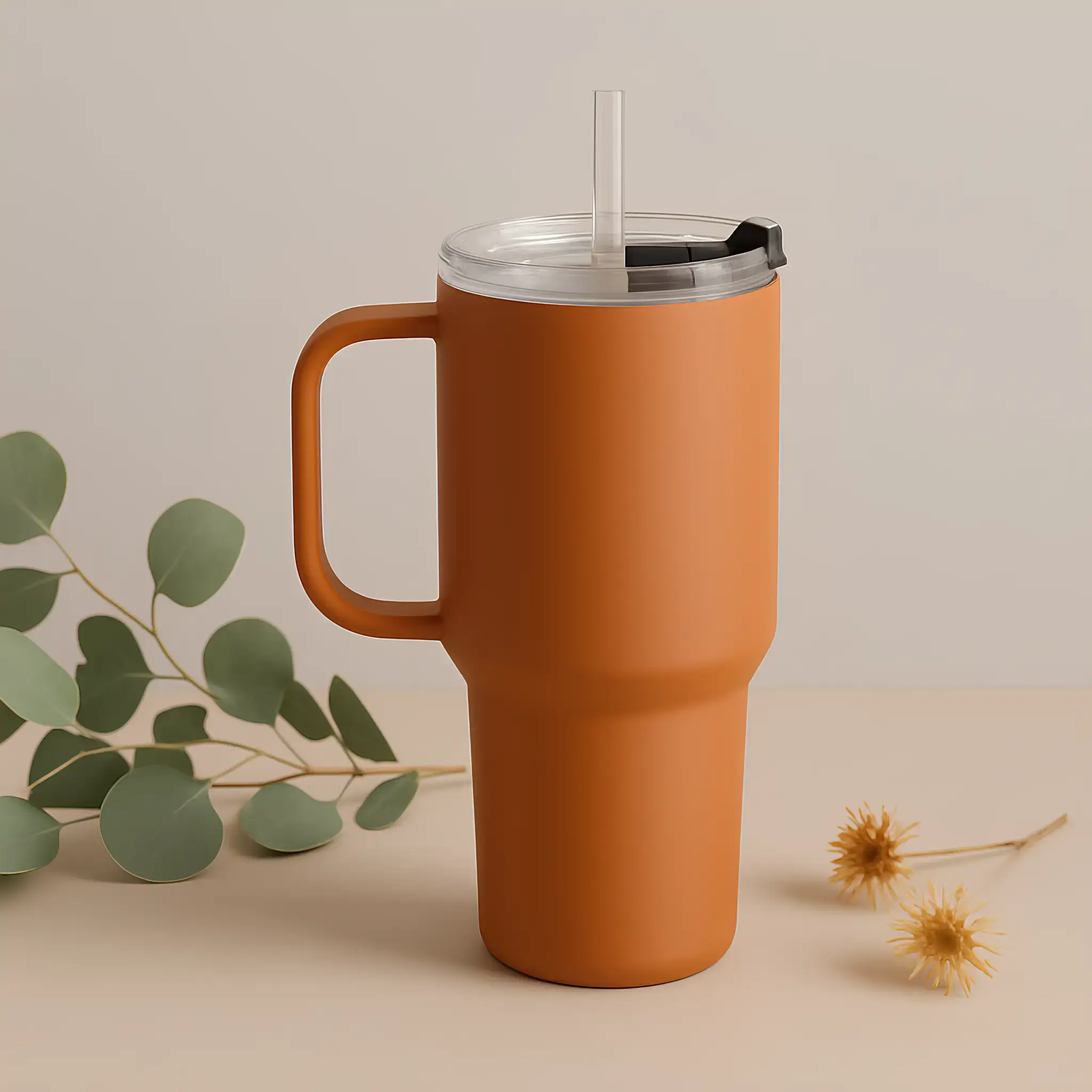 Un vaso térmico alto y mate de color naranja quemado con un asa vertical recta en el lado izquierdo. El vaso tiene una base delgada, ensanchándose ligeramente en el medio y en la parte superior. Una tapa de plástico transparente con pajilla incorporada y una lengüeta negra está ajustada en la parte superior. La escena está iluminada suavemente con luz natural desde la izquierda, proyectando sombras realistas hacia la derecha. El vaso está sobre una superficie beige cálida con un fondo beige neutro a juego. A la izquierda, hay ramas verdes de eucalipto dispuestas de forma plana. A la derecha, dos pequeñas flores secas de color amarillo descansan delicadamente. El estilo general es minimalista, cálido y editorial, con una mezcla suave de luces y sombras tenues.