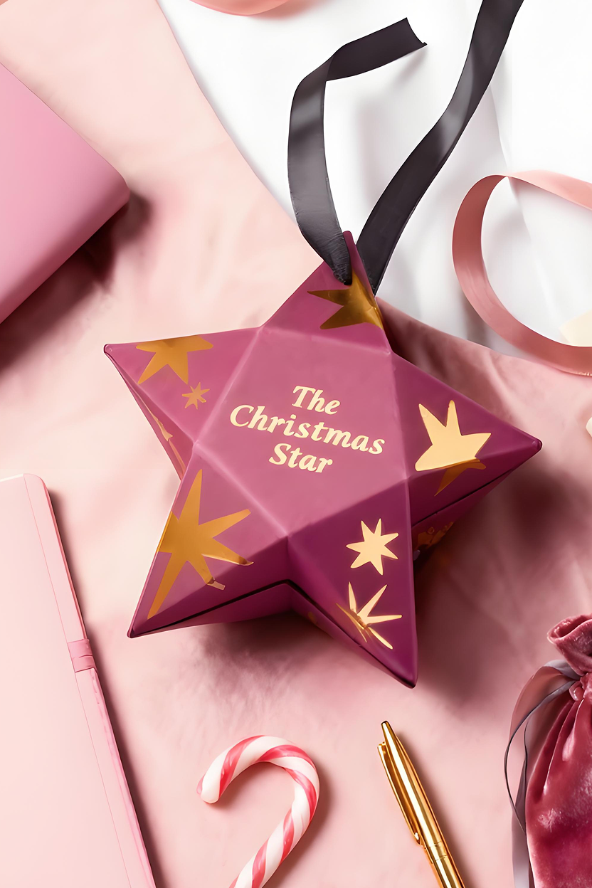 Pacdora stationery flat lay, elegant Christmas composition in soft pink and gold tones under natural daylight. A star-shaped gift box labeled “The Christmas Star” with gold foil accents and black ribbon sits at the center, surrounded by pink notebooks, velvet pouch, ribbon, gold pen, and candy cane. The color palette blends blush pink, rose gold, and cream, creating a warm, feminine, and festive atmosphere. Shot from a top-down angle to emphasize layout balance, material texture, and light reflection. Modern minimal design style, highlighting soft fabric, metallic shine, and cozy holiday aesthetics.