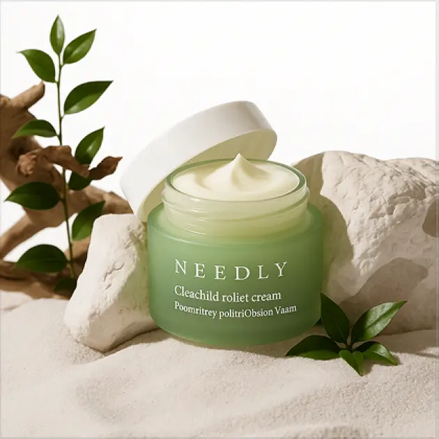 Tarro de crema facial con etiqueta verde, sobre rocas.