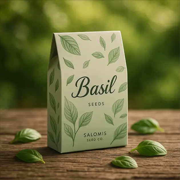 Paquete de semillas de albahaca con diseño de hojas.