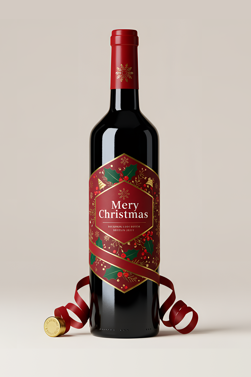 The Christmas wine bottle design features a deep red label adorned with holly leaves, berries, gold snowflakes, and festive decorations. The words "Merry Christmas" are presented in an elegant font at the center of the label, surrounded by exquisite gold details and a hexagonal border. The background is a neutral tone.