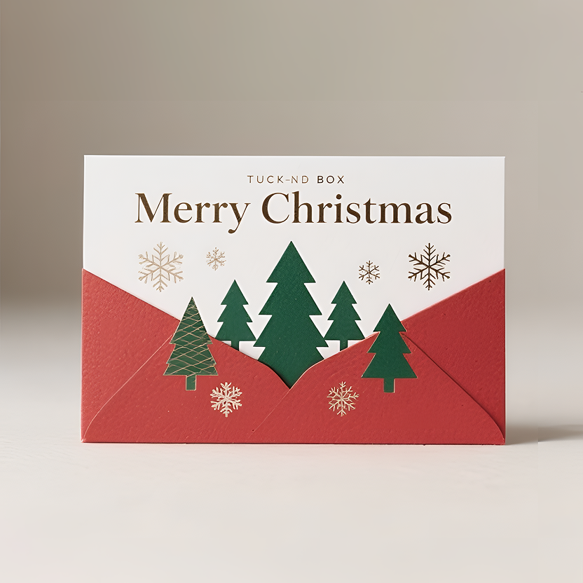 A simple Christmas card sits against a soft beige background. The design highlight is the clean white upper half, adorned with the elegant "Merry Christmas" lettering in gold serif. The lower half features a deep red envelope-style fold with an embossed texture. The front is decorated with a green paper-cut Christmas tree and gold snowflakes, creating a rich and layered festive atmosphere. Soft, warm lighting accentuates the texture of the paper and its exquisite holiday beauty.