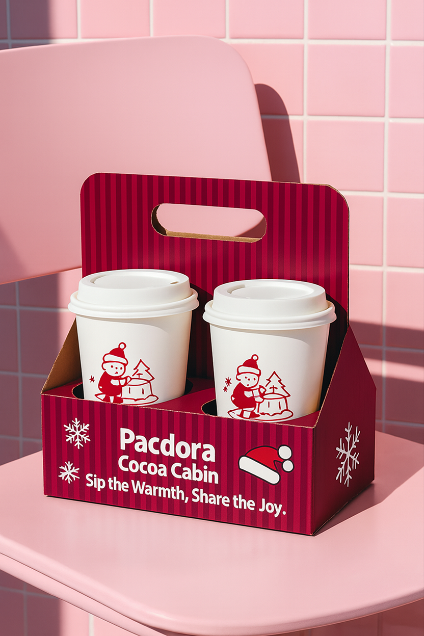 Minimal Christmas beverage packaging design featuring two “Pacdora Cocoa Cabin” takeaway cups in a red striped paper holder with a cut-out handle. The holder is deep burgundy with white festive elements — snowflakes, Santa hat, and tagline “Sip the Warmth, Share the Joy.” The cups are white with soft red illustrations of cozy winter characters, gentle and playful. Scene set on a pastel pink chair against a pink-tiled background, bright natural lighting and clean shadows create a warm, modern, and inviting holiday aesthetic perfect for seasonal café branding or Christmas drink campaigns.