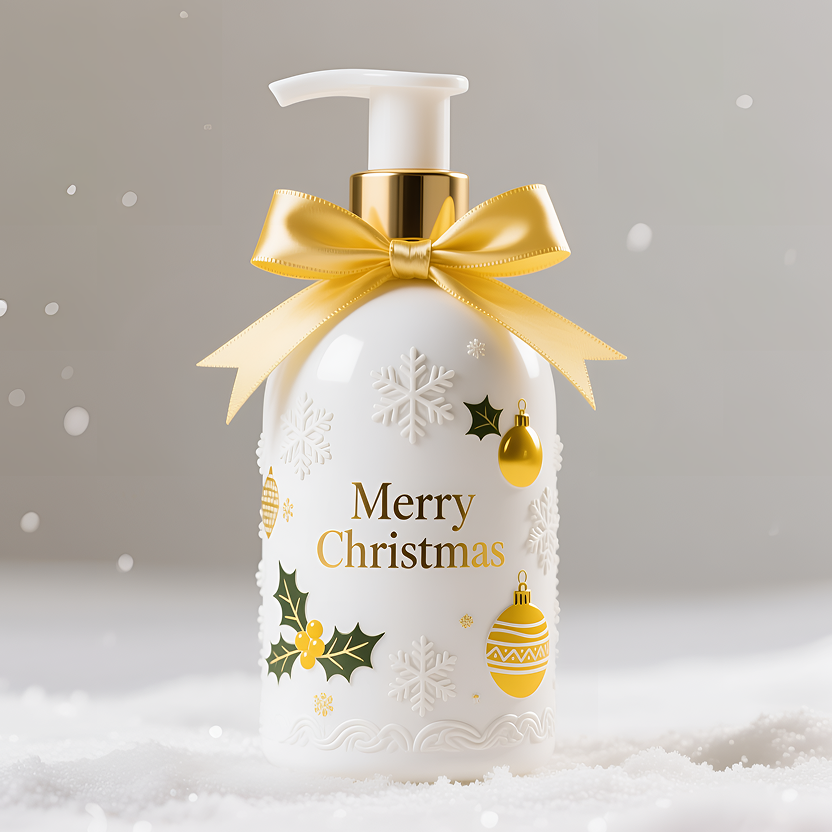 A Christmas stand-up tote bag sits on a snowy backdrop, featuring a clean white and light blue color scheme accented with gold foil. The bag is decorated with simple holiday elements such as Christmas trees, holly leaves, snowflakes, and ornaments. The words "Merry Christmas" are prominently displayed in shimmering gold lettering. Soft, natural lighting creates a wintery atmosphere, showcasing a minimalist, modern holiday aesthetic.