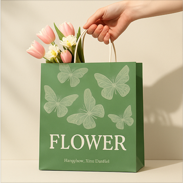  Bolsa de compras verde con mariposas y flores, una mano sosteniendo la bolsa.