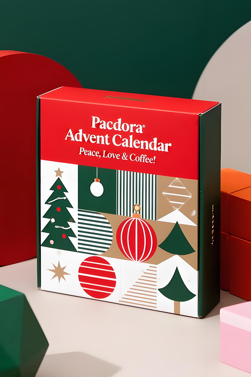 Festive Christmas gift box design featuring a white square box with bold typographic lid text reading “merry & bright” in alternating red, green, and pink letters. The box is filled with assorted holiday cookies, including chocolate-covered and star-shaped treats, placed over bright red tissue paper. The scene is styled on a white table sprinkled with golden confetti, creating a joyful, cozy, and celebratory holiday aesthetic with soft lighting and a warm, elegant indoor background. Ideal for bakery branding, Christmas packaging, or festive dessert photography.