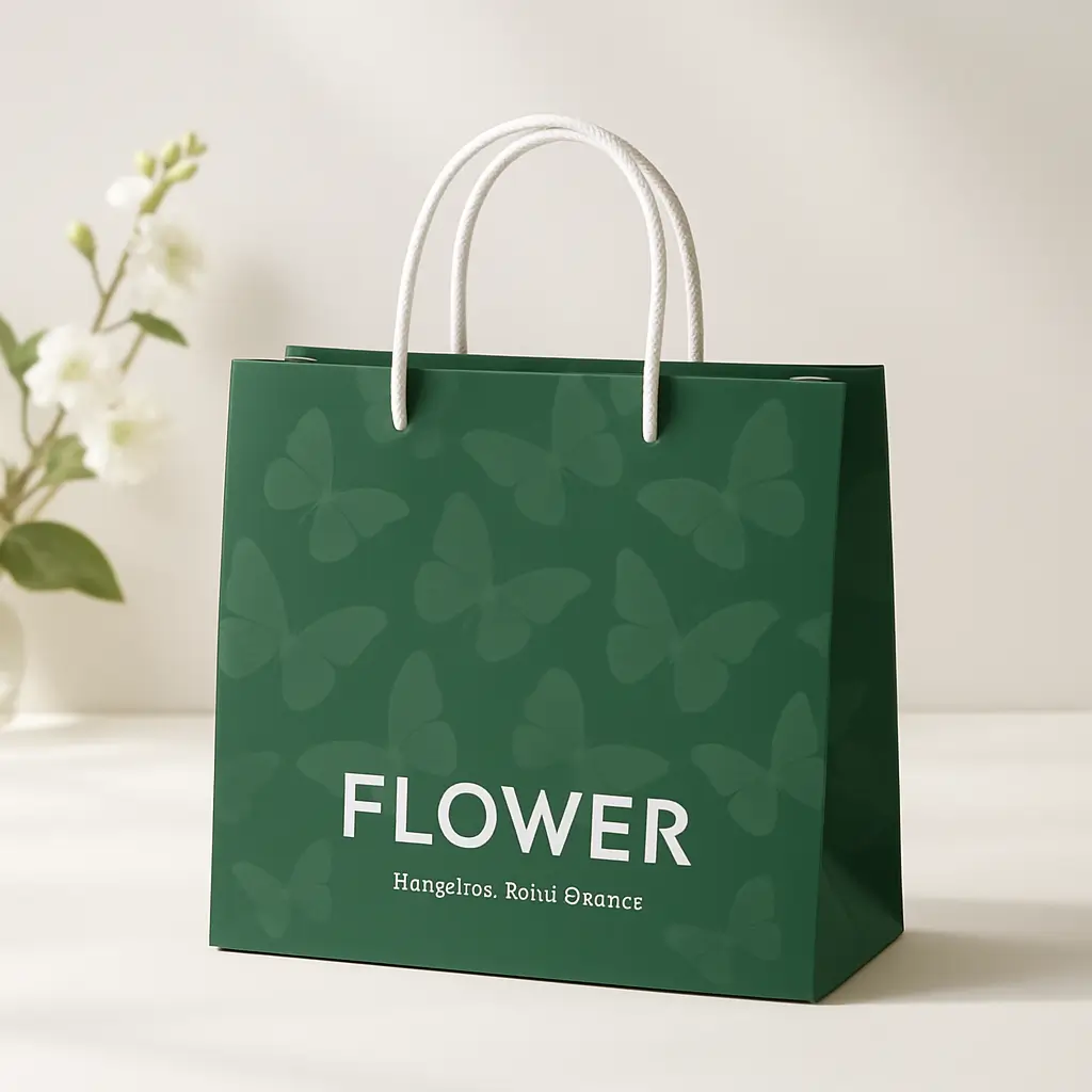 Bolsa tote verde con patrones de mariposas ligeras y translúcidas. Logotipo blanco prominente "FLOWER" en la parte inferior de la bolsa. Dirección en inglés "Hangzhou, Distrito de Xihu" impresa. Diseño simple y elegante con dos asas resistentes. Estilo natural, luz suave, sombras del objeto, fondo blanco con decoración de flores. Imagen de alta definición. Flores frescas. Diseño simple y a la moda que aporta un encanto delicado.