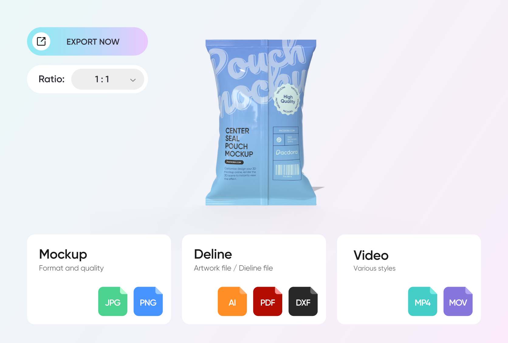Supports multiple export formats for food packaging mockups