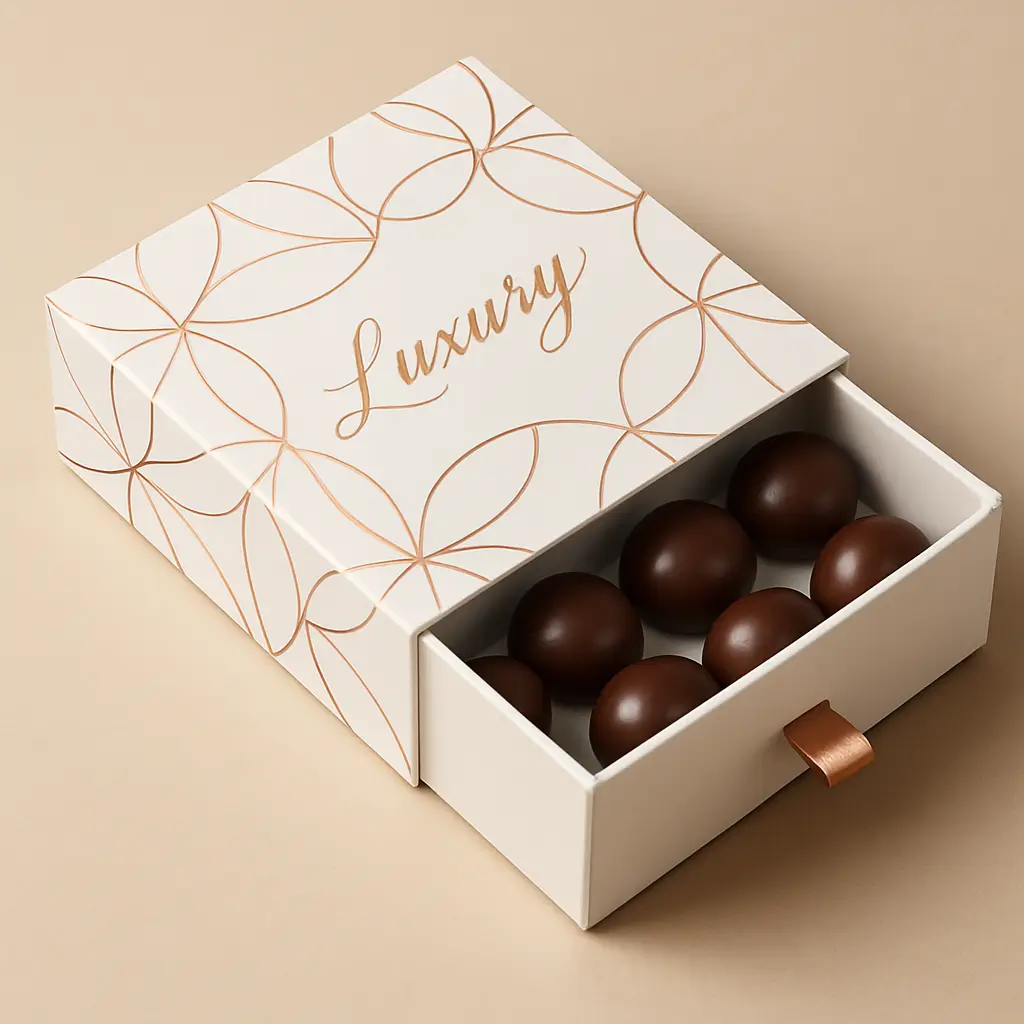 Caja de regalo de lujo con cajón deslizante, blanca con un patrón floral geométrico metálico cobre, logotipo en script elegante, contenido de chocolates, imagen limpia de estudio. Empaque sofisticado para set de regalo, cajas blancas rectangulares con diseño de círculos superpuestos en oro rosa, branding minimalista, múltiples cajas. Maqueta de caja de regalo deslizante premium, diseño floral abstracto blanco y cobre, presentación elegante de producto.