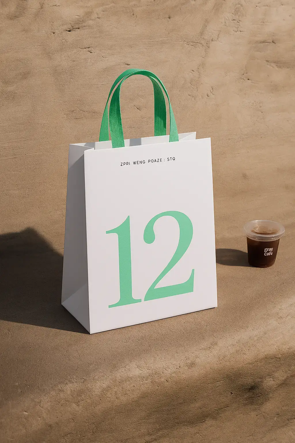 Una bolsa de papel blanca cuadrada con fondo plano y asas anchas tejidas en verde. En la parte frontal, un gran número “12” de color verde menta está impreso en una elegante fuente serif en negrita, centrado. Encima, un texto pequeño en mayúsculas negro dice “ZPRI WENG POAZE · STQ” en una fuente sans-serif minimalista, alineado al centro. La bolsa está colocada verticalmente sobre una superficie de concreto beige arenoso. Junto a ella hay un pequeño vaso de plástico con café helado que tiene el texto blanco “gray Cafe”. La escena está tomada desde un ángulo bajo frontal, con una suave iluminación natural desde la izquierda, proyectando sombras realistas. La profundidad de campo es baja, y el fondo está ligeramente desenfocado. Tono cálido en general, ambiente tranquilo, estética limpia y moderna.